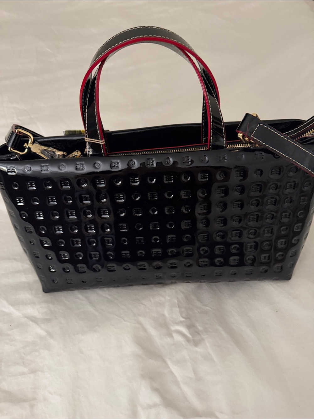 Arcadia Black Patent Satchel with Red-Trim Handles